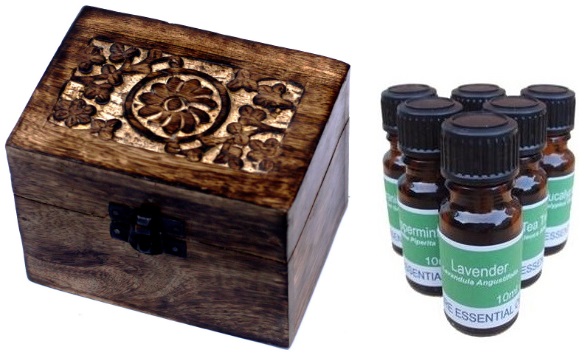 6 Of Our Best Selling 10ml Pure Essential Oils - Plus One Aromatherapy Storage Box **Set A  (Mango Wood Box) 